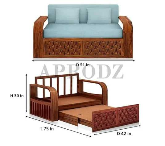 Translation missing: en.Sheesham Wood Sofa Cum Bed, 2 Seater with Storage, Geometric Design (75 x 51 x 30 Inch)  Sheesham Wood Sofa Cum Bed (2 Seater)
