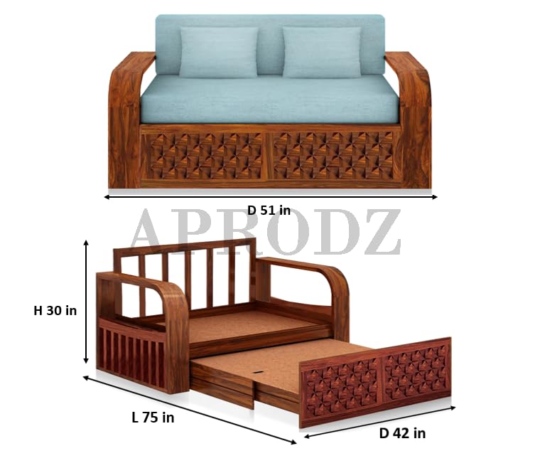 Sheesham Wood Sofa Cum Bed, 2 Seater with Storage, Geometric Design (75 x 51 x 30 Inch)