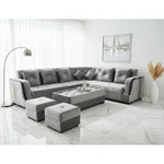 L-Shaped Sectional 6-Seater Sofa with Coffee Table & 2 Ottoman Padded Armrest Perfect Velvet Fabric Corner Sofa for Guests Living Room, Drawing Room, Office & Lounge (Grey) 