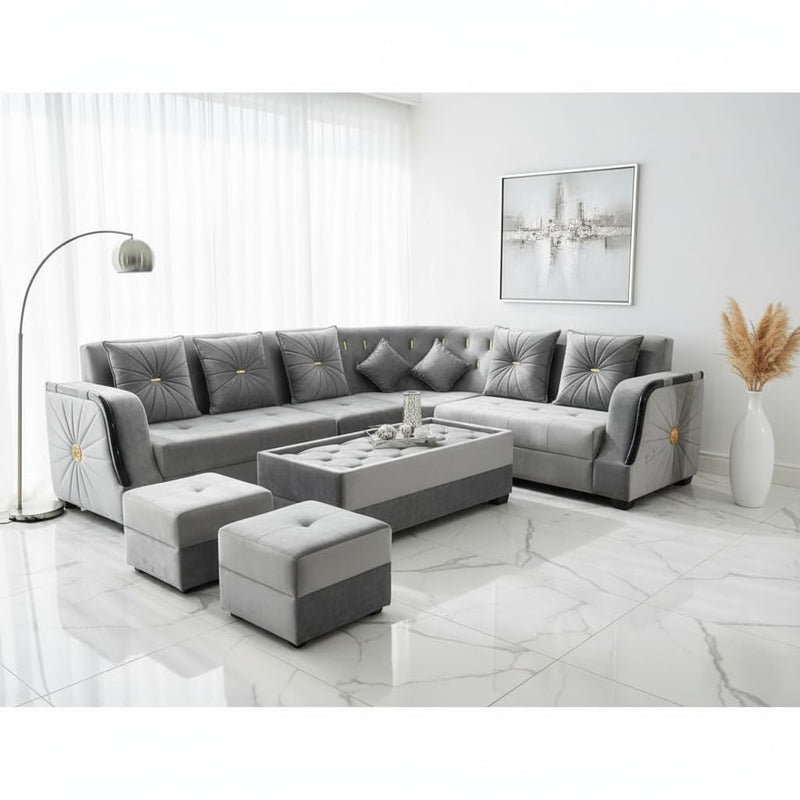 L-Shaped Sectional 6-Seater Sofa with Coffee Table & 2 Ottoman Padded Armrest Perfect Velvet Fabric Corner Sofa for Guests Living Room, Drawing Room, Office & Lounge (Grey) 
