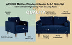 MidCen Wooden 6 Seater 3+2+1 Sofa Set with Comfortable High-Density Foam for Living Room (Upholstered- Dark Blue Velvet Fabric) 