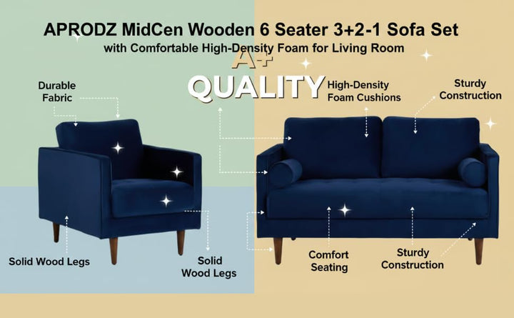 Translation missing: en.MidCen Wooden 6 Seater 3+2+1 Sofa Set with Comfortable High-Density Foam for Living Room (Upholstered- Dark Blue Velvet Fabric) 