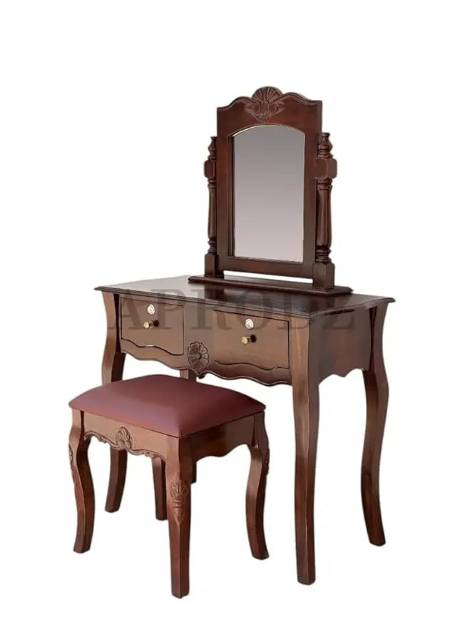 Dressing Table with Mirror and Stool | Sheesham Wood Stylish Wooden Vanity | Compact Design Durable Elegant Bedroom Furniture Makeup Organizer Home Decor (Brown) 
