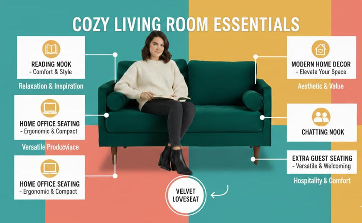 Translation missing: en.MidCen Wooden 2 Seater Sofa with High-Density Comfortable Foam for Home &amp; Living Room (Upholstered- Dark Blue Velvet Fabric) 