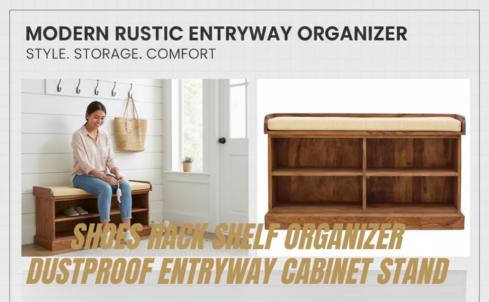 Wooden Multipurpose Cupboard & Shoe Rack – Spacious Storage Cabinet with Seating for Home, Entryway & Living Room (Large, Teak Finish) 