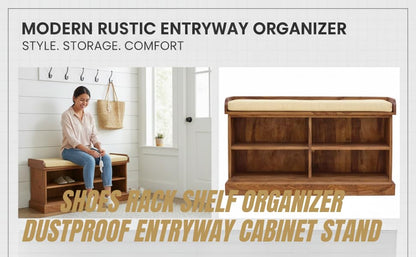 Wooden Multipurpose Cupboard & Shoe Rack – Spacious Storage Cabinet with Seating for Home, Entryway & Living Room (Large, Teak Finish) 