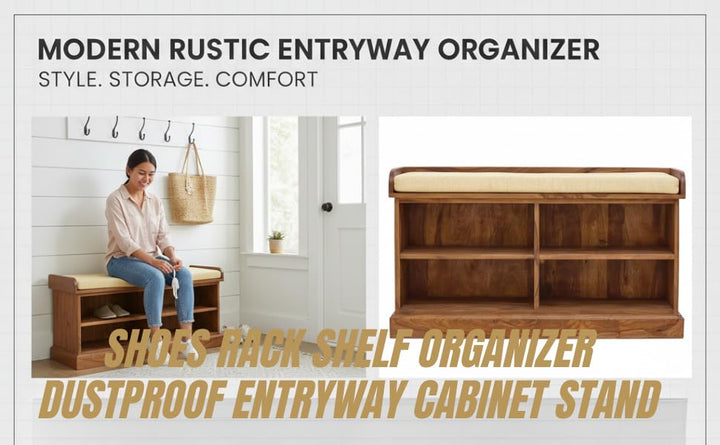Translation missing: en.Wooden Multipurpose Cupboard &amp; Shoe Rack – Spacious Storage Cabinet with Seating for Home, Entryway &amp; Living Room (Large, Teak Finish) 