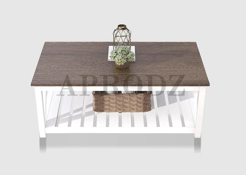 Vintage Farmhouse Coffee Table | Rustic White Living Room Center Table with Shelf 