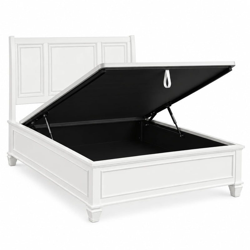 White Hydraulic Storage Bed with Panel Headboard & Footboard – Elegant Lift-Up Storage Bed Frame 