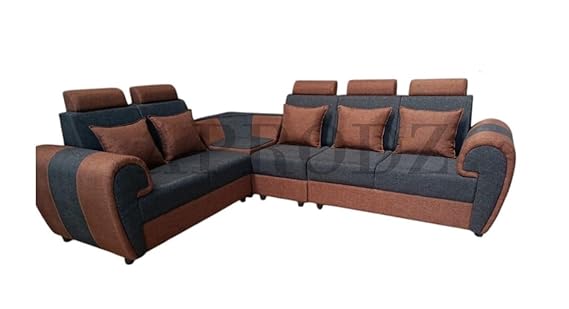 L-Shaped Sectional 6-Seater Sofa with Cushion & Coffee Table Padded Armrest Perfect Faux Leather Fabric Corner Sofa for Guests Living Room, Drawing Room, Office & Lounge (Dual Tone Grey/Brown) 