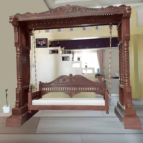 APRODZ 3 Seater Swing Brass Coated Wooden Jhula for Indoor Outdoor & Balcony | House Swings for Adults (52 Inches, Honey Finish)