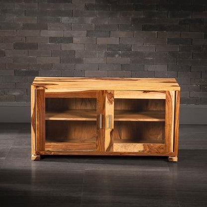 APRODZ Flower Inspired TV Unit with Drawers & Shelf Storage Entertainment Unit Center Console TV Table for Living Room Furniture (Natural Teak Finish)