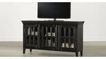 Mango Wood Entertainment 3 Door TV Stand Cabinet Unit in Black Finish for Living Room with glass-paned doors.