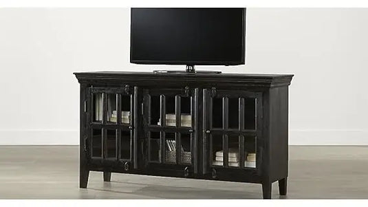 Translation missing: en.Mango Wood Entertainment 3 Door TV Stand Cabinet Unit in Black Finish for Living Room with glass-paned doors