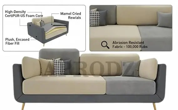 Luxelle Modern Sofa 3 Seater Velvet Upholstered Sofa Set with Tufted Backrest Cushioned Seating Tipped Gold Wooden Legs Couch for Living Room & Lounge (Beige/Grey) 