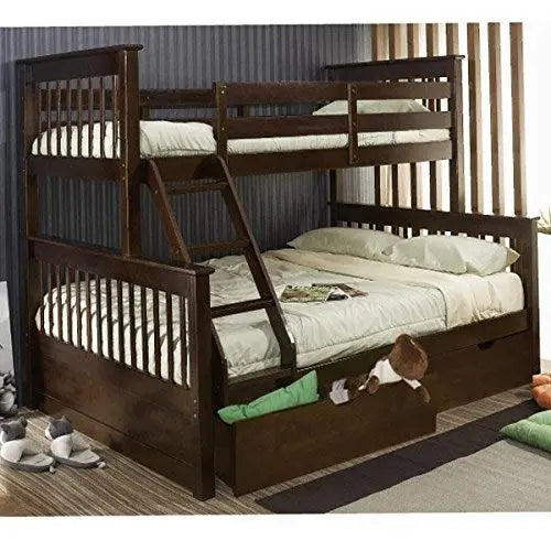 Wooden bunk bed with trundle in a room setting