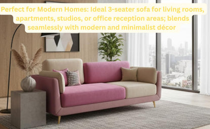 APRODZ Modern Luxelle Dual-Tone 3-Seater Fabric Sofa – Pink & Cream, Stylish Wooden Legs, for Living Room 