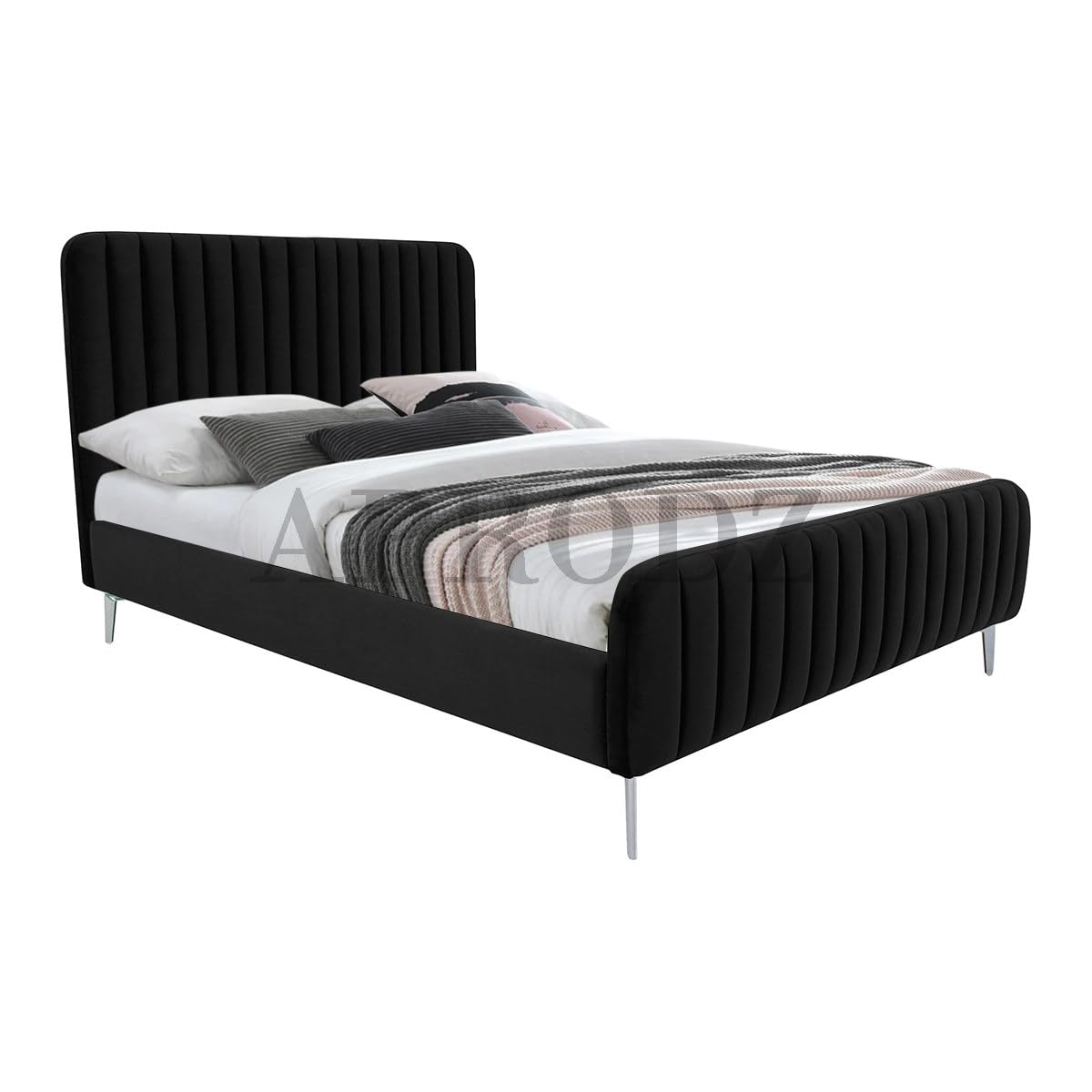 APRODZ Fluted Velvet Upholstered Queen Size Platform Bed for Bedroom, Home Furniture with Metal Feet (Black)