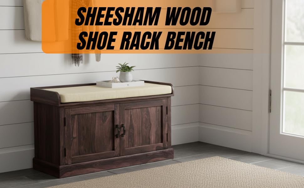 Wooden Multipurpose Cupboard & Shoe Rack – Spacious Storage Cabinet with Seating for Home, Entryway & Living Room (Large, Teak Finish) 