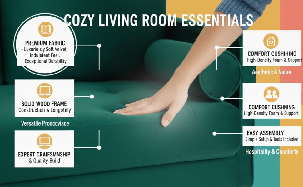 MidCen Wooden 3 Seater Sofa Set with High-Density Comfortable Foam for Home & Living Room (Upholstered- Dark Green Velvet Fabric) 