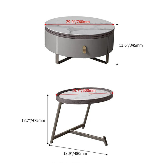 Translation missing: en.Modern 2-Piece Nesting 2 Drawer Coffee Table Set with Rotating Faux Marble Top, Flip-Top Storage, Grey and Gold Metal Legs  Coffee Table