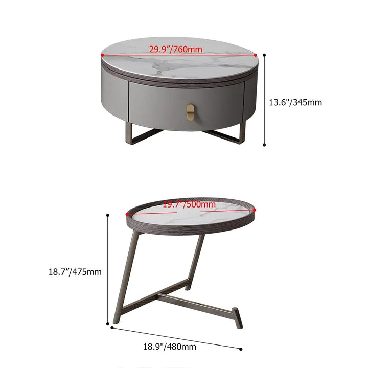 Translation missing: en.Modern 2-Piece Nesting 2 Drawer Coffee Table Set with Rotating Faux Marble Top, Flip-Top Storage, Grey and Gold Metal Legs  Coffee Table