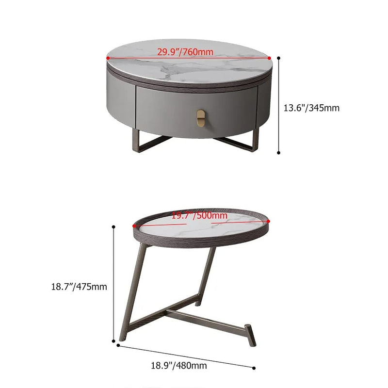Modern 2-Piece Nesting 2 Drawer Coffee Table Set with Rotating Faux Marble Top, Flip-Top Storage, Grey and Gold Metal Legs  Coffee Table