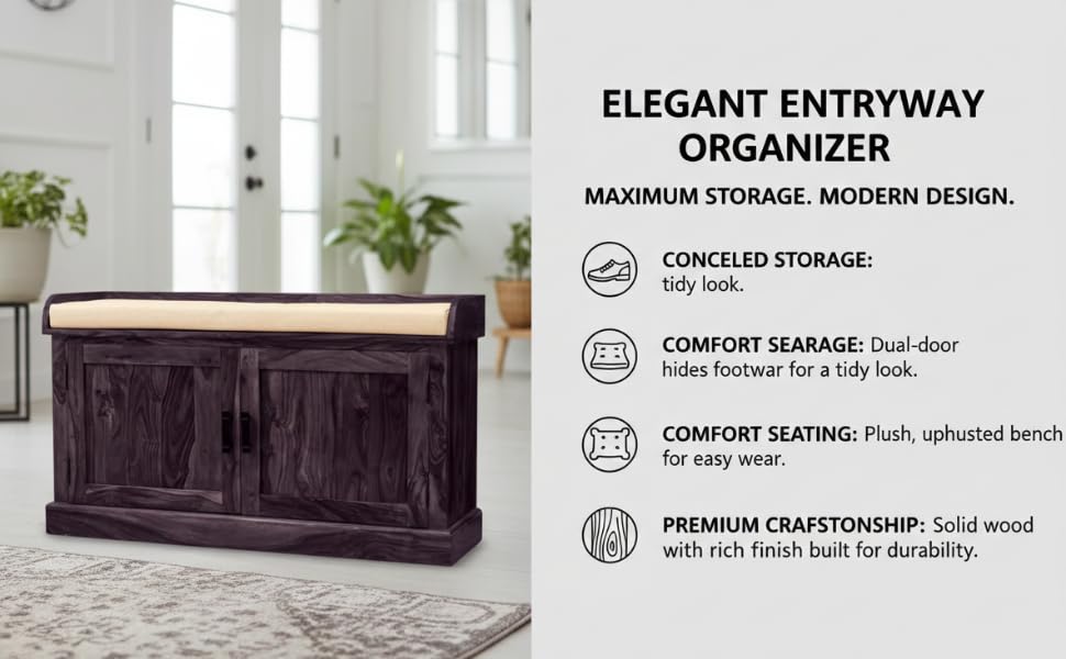 Wooden Multipurpose Cupboard & Shoe Rack – Spacious Storage Cabinet with Seating for Home, Entryway & Living Room (Large, Teak Finish) 