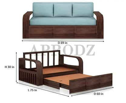 Sheesham Wood Sofa Cum Bed, 3 Seater with Storage 