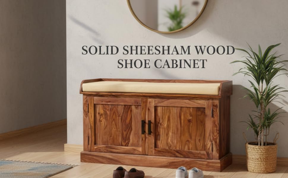 Wooden Multipurpose Cupboard & Shoe Rack – Spacious Storage Cabinet with Seating for Home, Entryway & Living Room (Large, Teak Finish) 