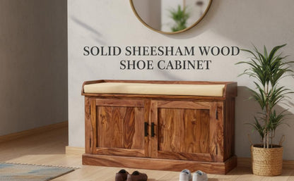 Wooden Multipurpose Cupboard & Shoe Rack – Spacious Storage Cabinet with Seating for Home, Entryway & Living Room (Large, Teak Finish) 