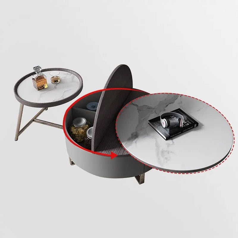 Modern 2-Piece Nesting 2 Drawer Coffee Table Set with Rotating Faux Marble Top, Flip-Top Storage, Grey and Gold Metal Legs  Coffee Table
