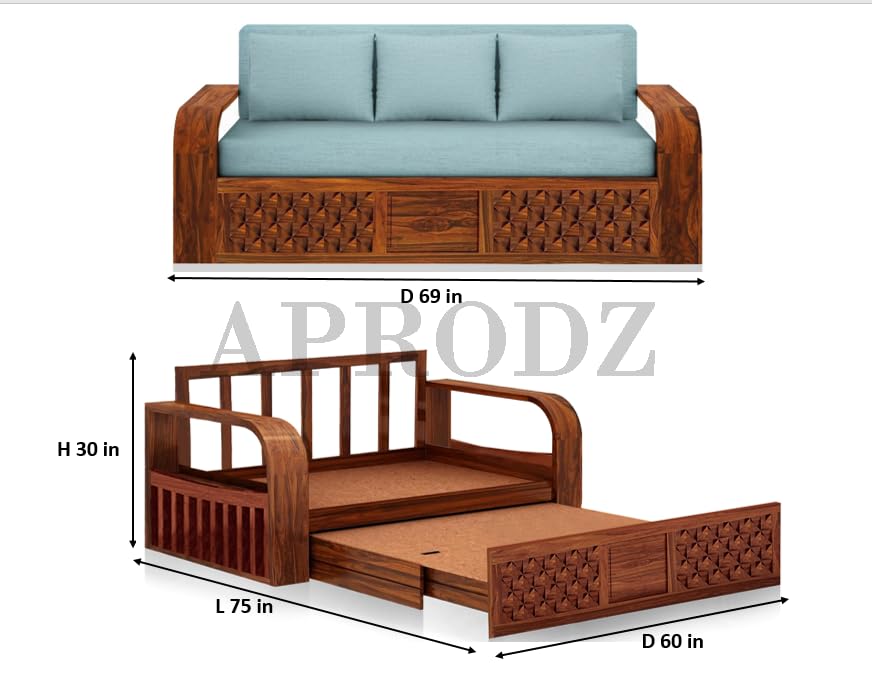 Sheesham Wood Sofa Cum Bed, 3 Seater with Blue Upholstery, Carved Panel Design (75 x69 x30 Inch)