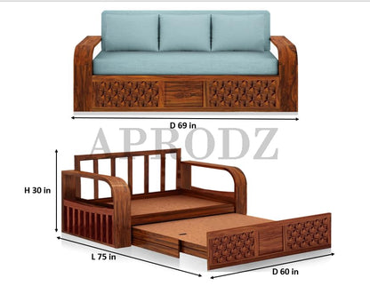 Sheesham Wood Sofa Cum Bed, 3 Seater with Blue Upholstery, Carved Panel Design (75 x69 x30 Inch)