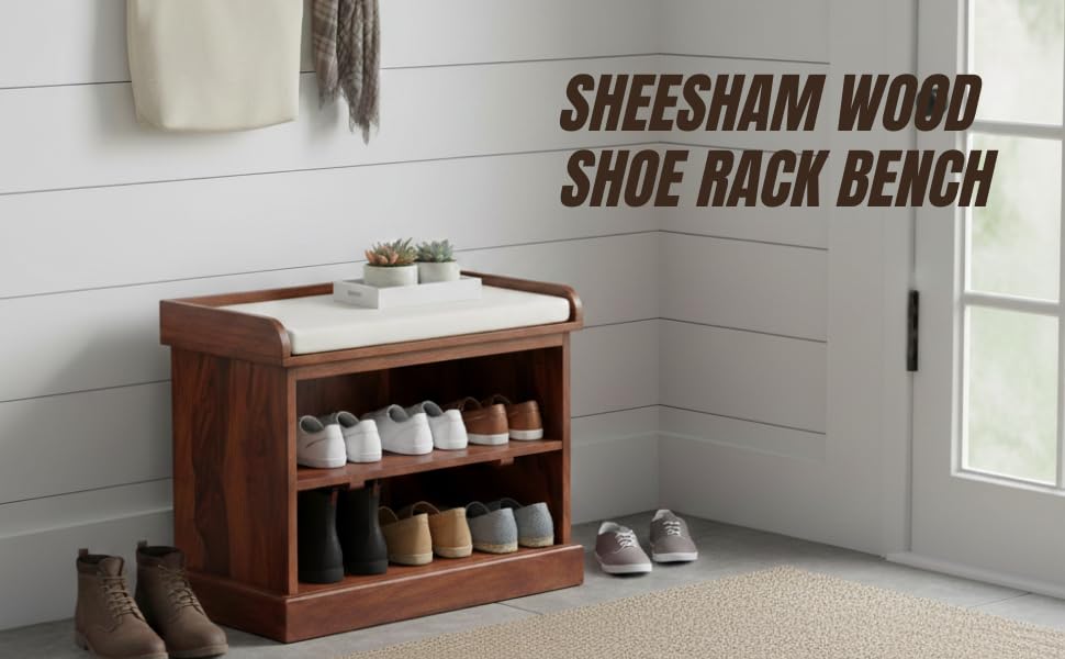 Wooden Multipurpose Cupboard & Shoe Rack – Spacious Storage Cabinet with Seating for Home, Entryway & Living Room (Large, Teak Finish) 