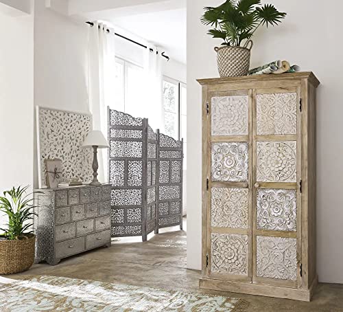 APRODZ Bianco Carved Mango Wood 2-Door Wardrobe Storage Almirah Cupboard for Cloths (Aged White)