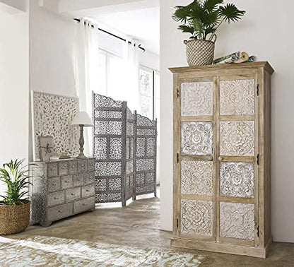 APRODZ Regenerada Metal and Recycled Wood 2-Door Wardrobe Storage Almirah (Recycled Wood - Natural + White Powderocated)