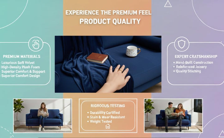 Translation missing: en.MidCen Wooden 2 Seater Sofa with High-Density Comfortable Foam for Home &amp; Living Room (Upholstered- Dark Blue Velvet Fabric) 