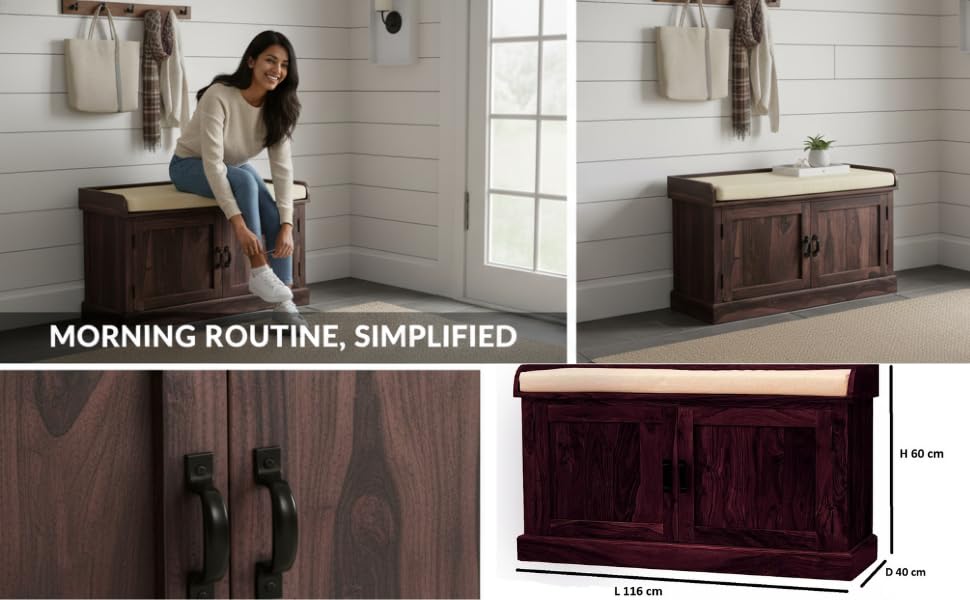 Wooden Multipurpose Cupboard & Shoe Rack – Spacious Storage Cabinet with Seating for Home, Entryway & Living Room (Large, Teak Finish) 