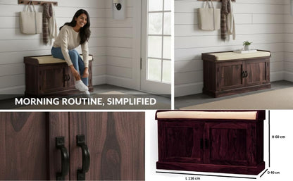 Wooden Multipurpose Cupboard & Shoe Rack – Spacious Storage Cabinet with Seating for Home, Entryway & Living Room (Large, Teak Finish) 