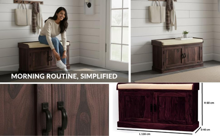 Translation missing: en.Wooden Multipurpose Cupboard &amp; Shoe Rack – Spacious Storage Cabinet with Seating for Home, Entryway &amp; Living Room (Large, Teak Finish) 