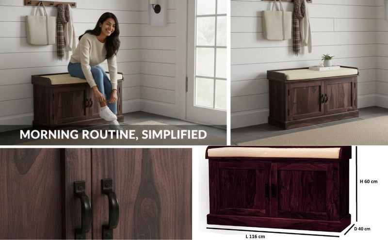 Wooden Multipurpose Cupboard & Shoe Rack – Spacious Storage Cabinet with Seating for Home, Entryway & Living Room (Large, Teak Finish) 