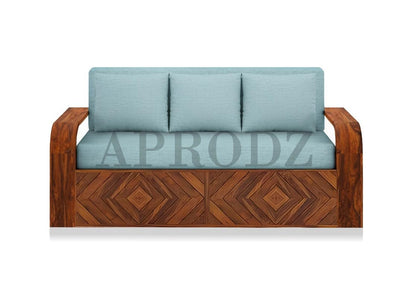 Sheesham Wood Sofa Cum Bed, 3 Seater, with Blue Upholstery, Diamond Pattern Design (75 x69 x30 Inch)