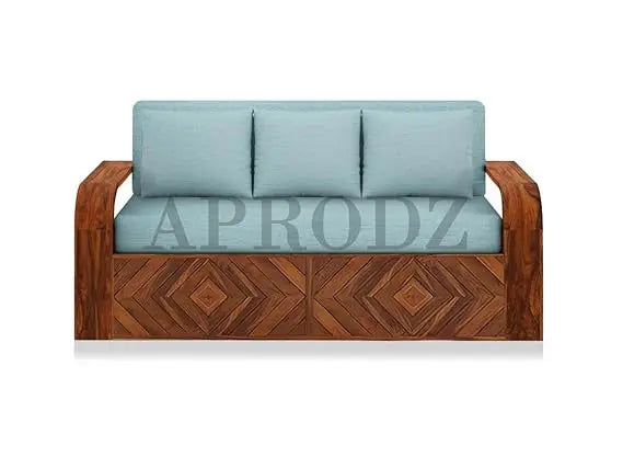 Translation missing: en.Sheesham Wood 3 Seater Sofa Cum Bed with Blue Upholstery | Diamond Pattern Design | Space-Saving Wooden Sofa Bed for Living Room  Sheesham Wood Sofa Cum Bed (3 Seater)