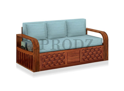 Sheesham Wood Sofa Cum Bed, 3 Seater with Blue Upholstery, Carved Panel Design (75 x69 x30 Inch)