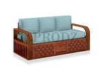 Sheesham Wood 3-Seater Sofa Cum Bed with Blue Upholstery and Carved Panel Design – Stylish, Comfortable, and Durable Convertible Sofa for Living Room  Sheesham Wood Sofa Cum Bed (3 Seater)
