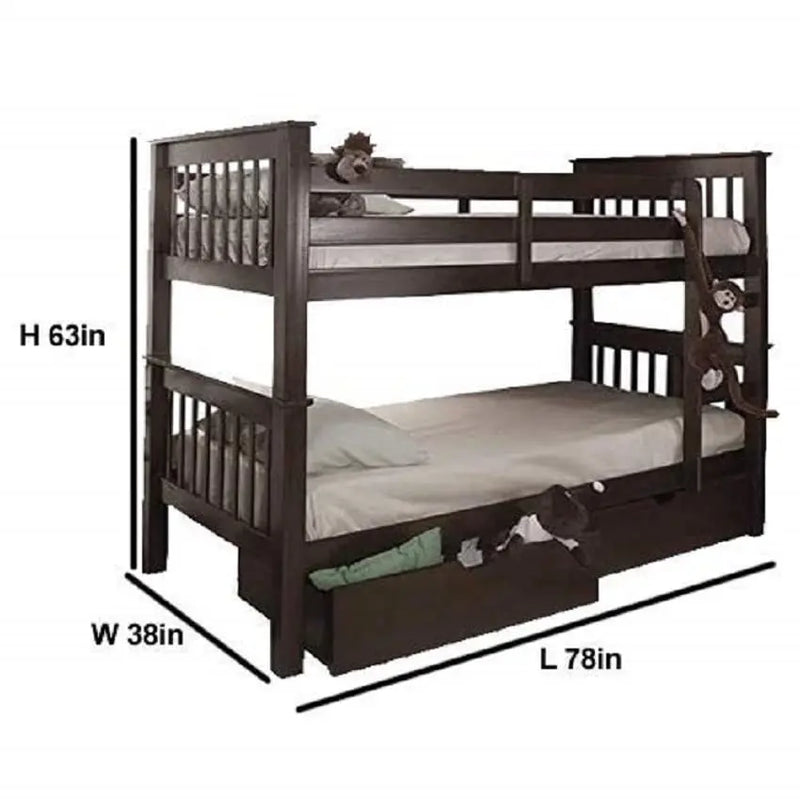 Mango Wood Highst Bunk Bed with Storage for Bedroom | Brown Finish 
