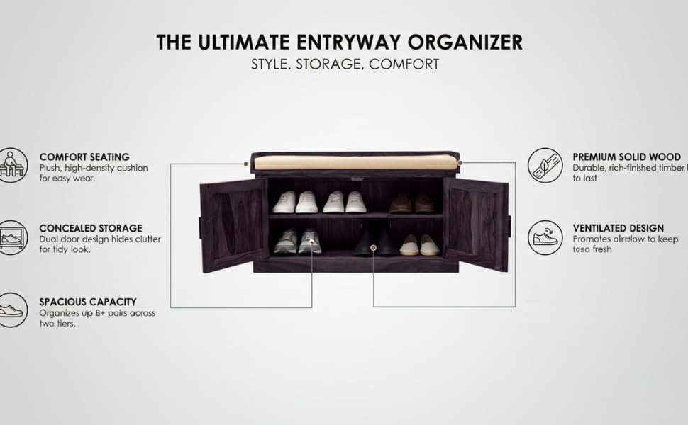 Wooden Multipurpose Cupboard & Shoe Rack – Spacious Storage Cabinet with Seating for Home, Entryway & Living Room (Large, Teak Finish) 