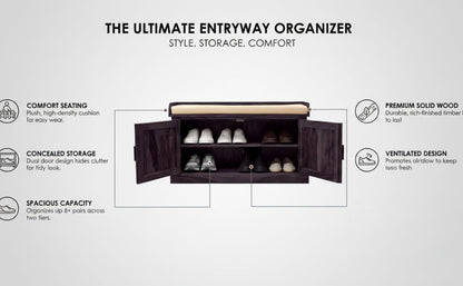 Wooden Multipurpose Cupboard & Shoe Rack – Spacious Storage Cabinet with Seating for Home, Entryway & Living Room (Large, Teak Finish) 