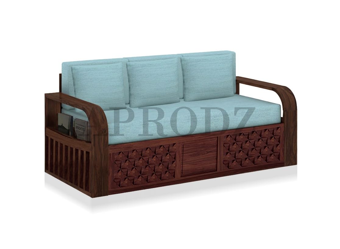 Sheesham Wood Sofa Cum Bed, 3 Seater with Blue Upholstery, Carved Panel Design (75 x69 x30 Inch)